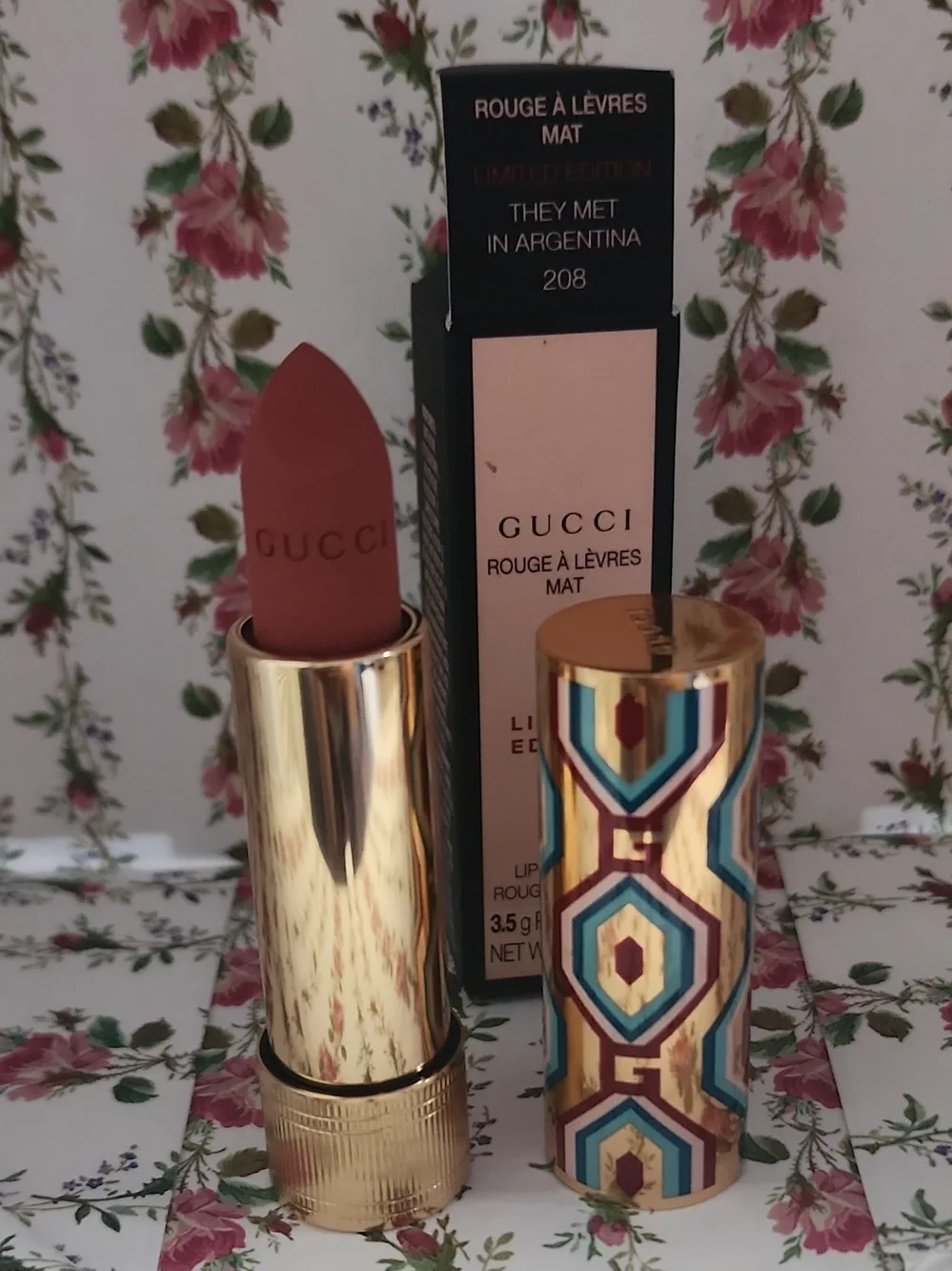 Gucci Matte Lipstick in Terracotta Brown with Gold Enamel-Patterned Tube - Picture 1 of 5